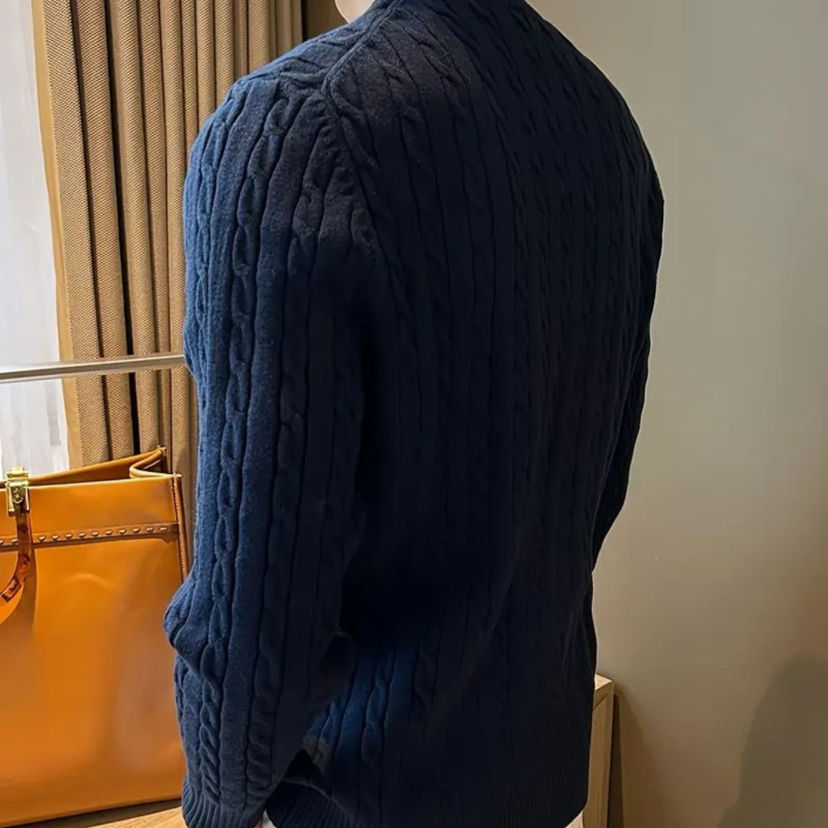Sage | Men's Cable Knit Crew Neck Sweater Navy