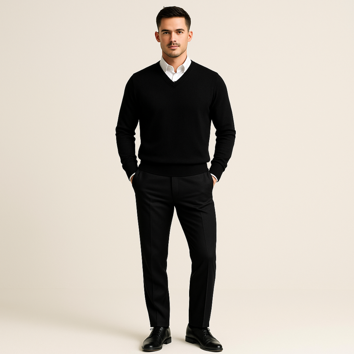 Beau | Men's V Neck Cashmere Sweater Cream