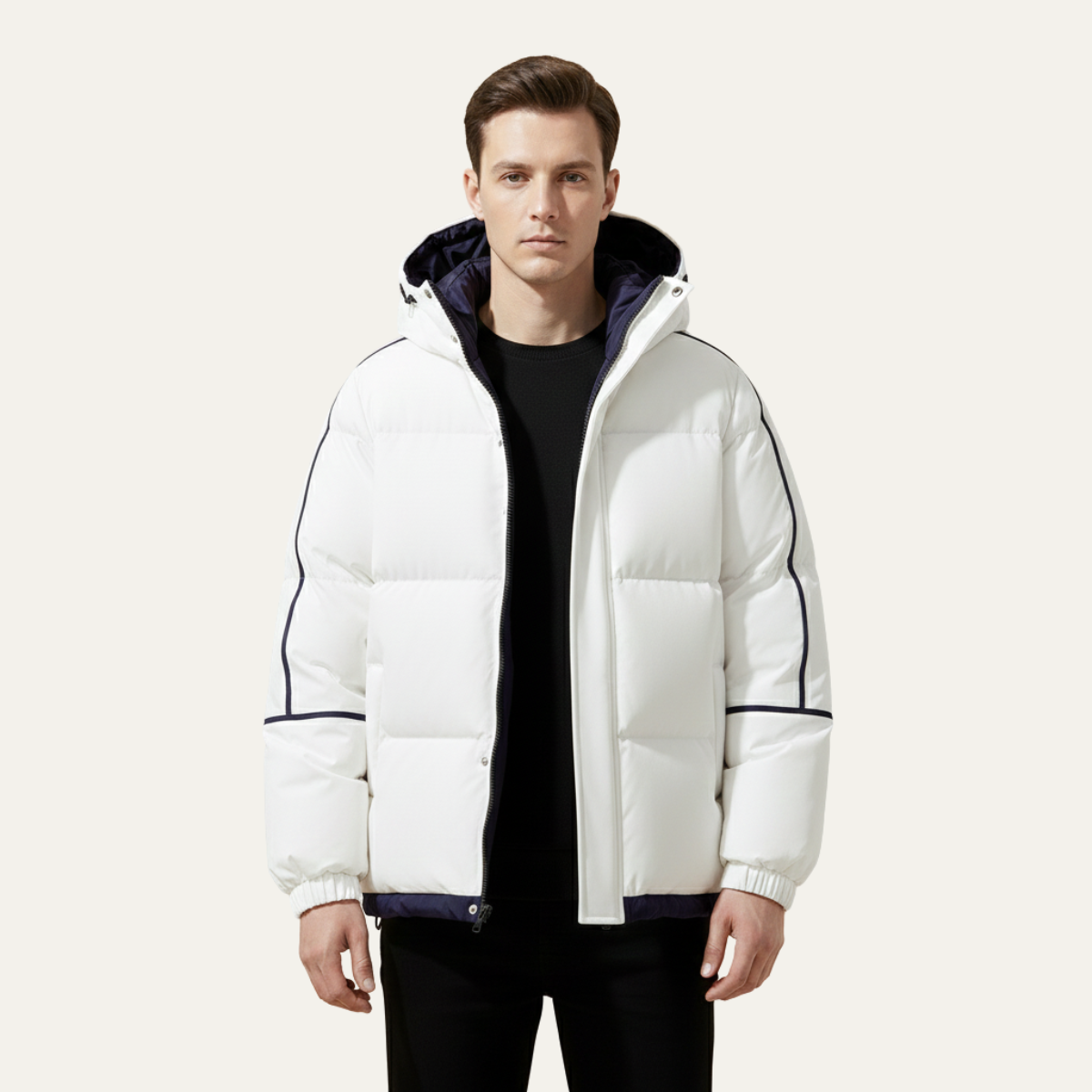 Jude | Men's Puffer Jacket Black White Hooded Waterproof