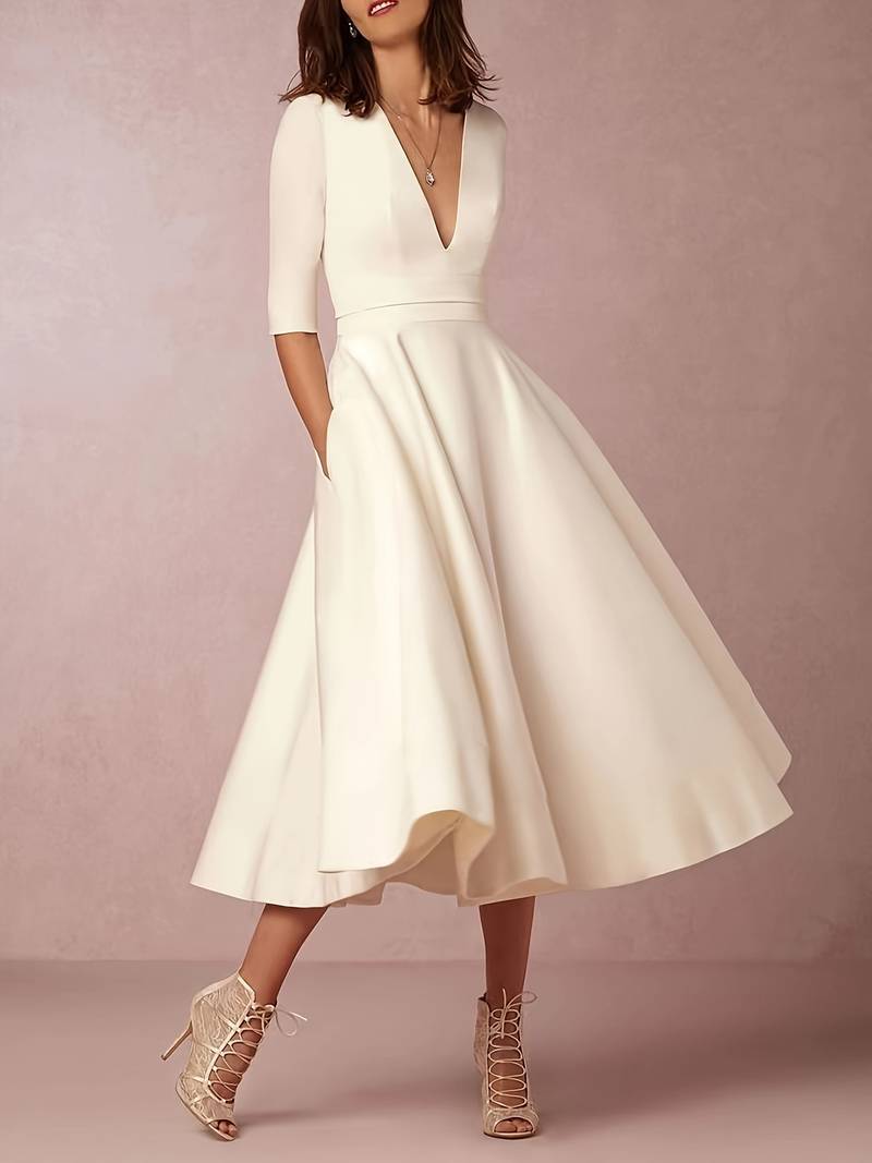 Margot | Women's A Line Midi Dress Cream V Neck Three Quarter Sleeve