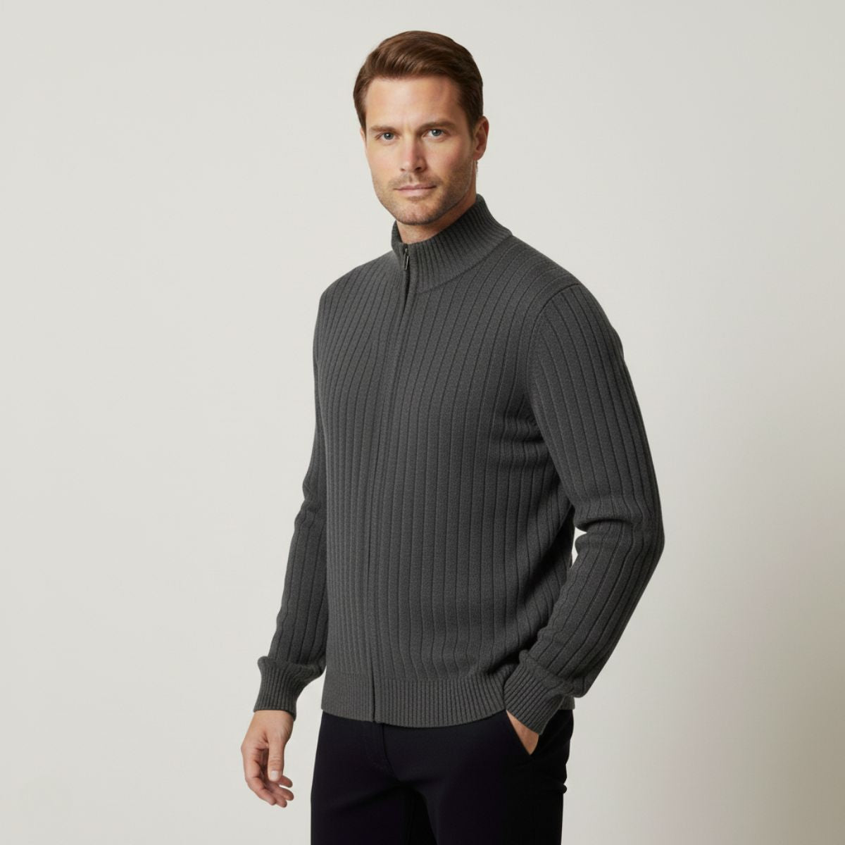 Beau | Men's Zip Up Ribbed Cardigan Royal Blue