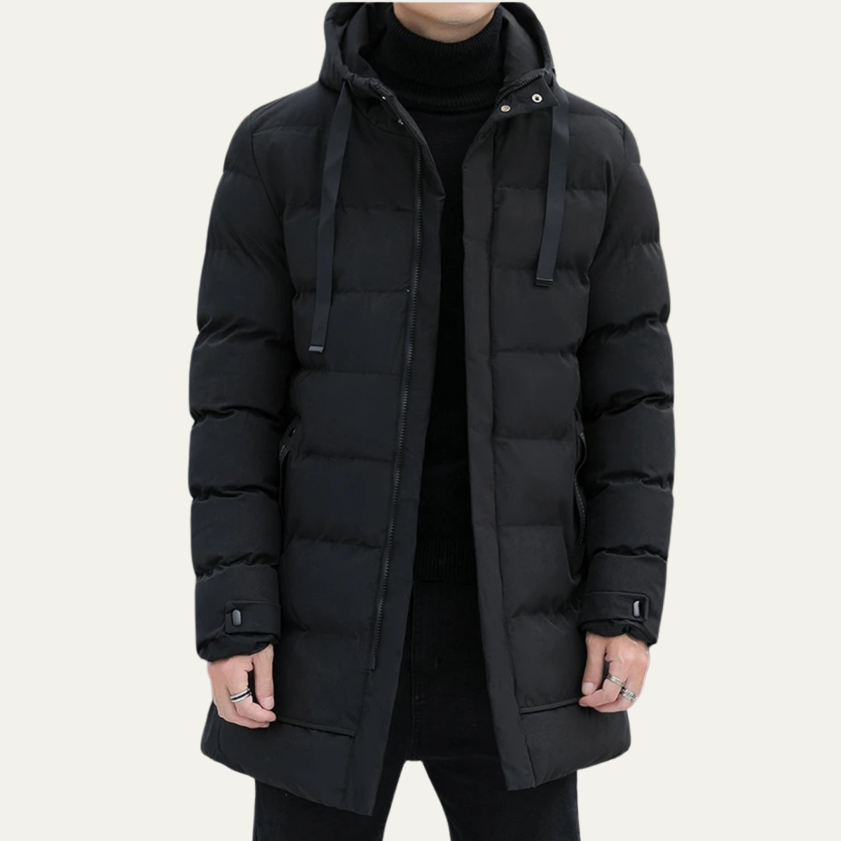Zeke | Men's Puffer Coat Black Longline Hooded