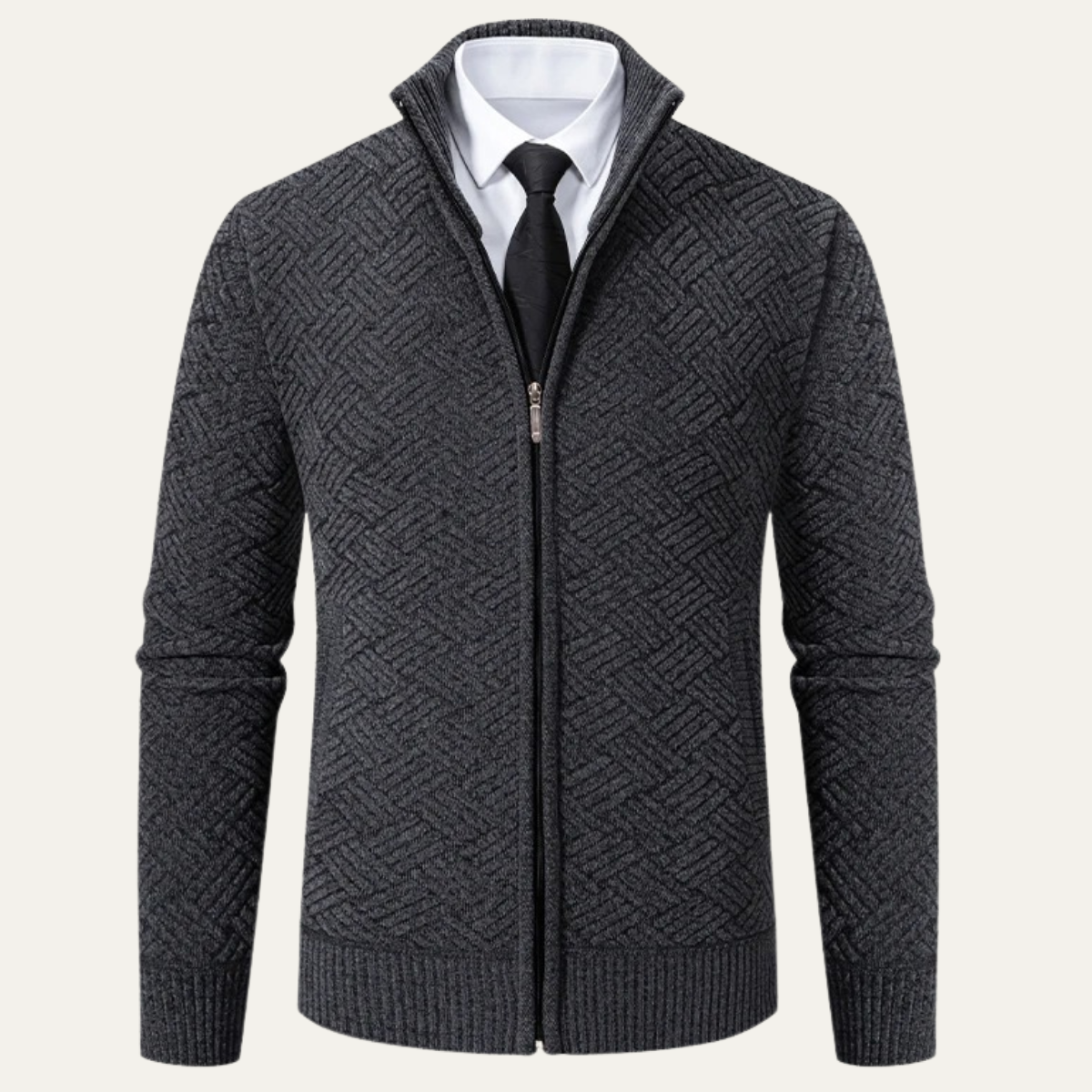 Sage | Men's Diamond Pattern Cardigan Black Zip Up
