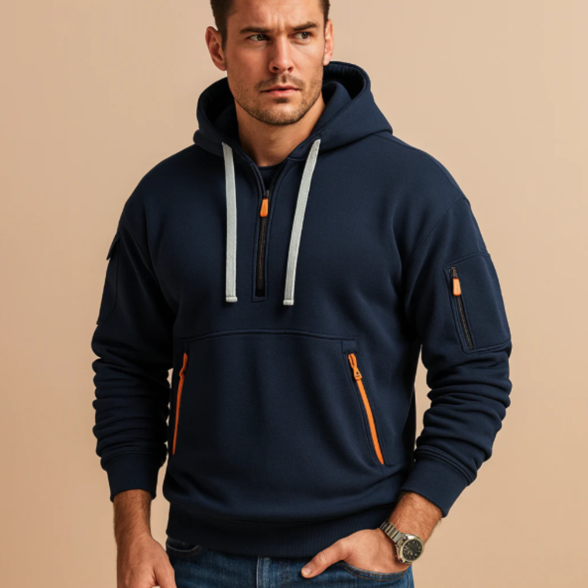 Beau | Men's Casual Half Zip Hoodie Navy Orange Zipper Pockets