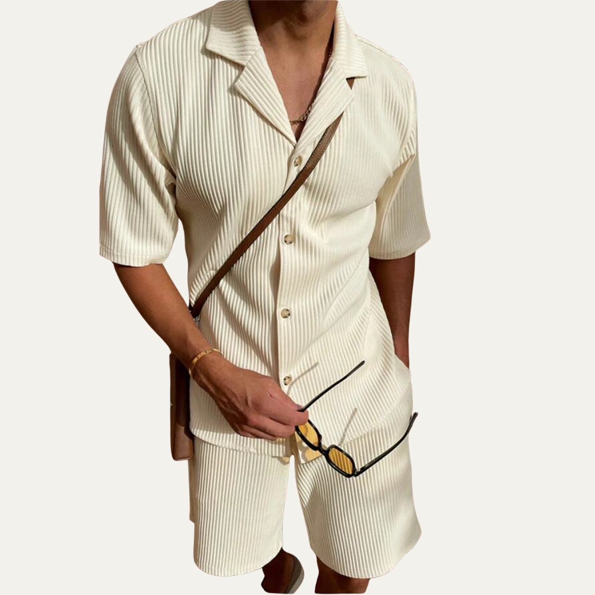 Callum | Men's Sweatsuit Cream Ribbed Short Sleeve