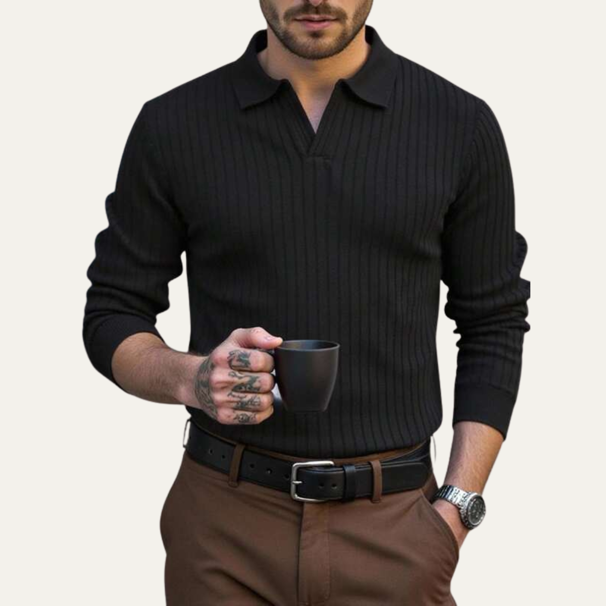 Bram | Men's Smart Casual Pinstripe Polo Shirt Black