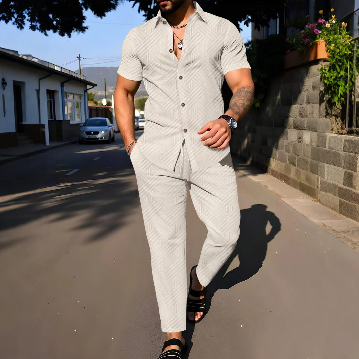 Dama Washington Sage men's casual white textured short sleeve button up lounge set - view 2