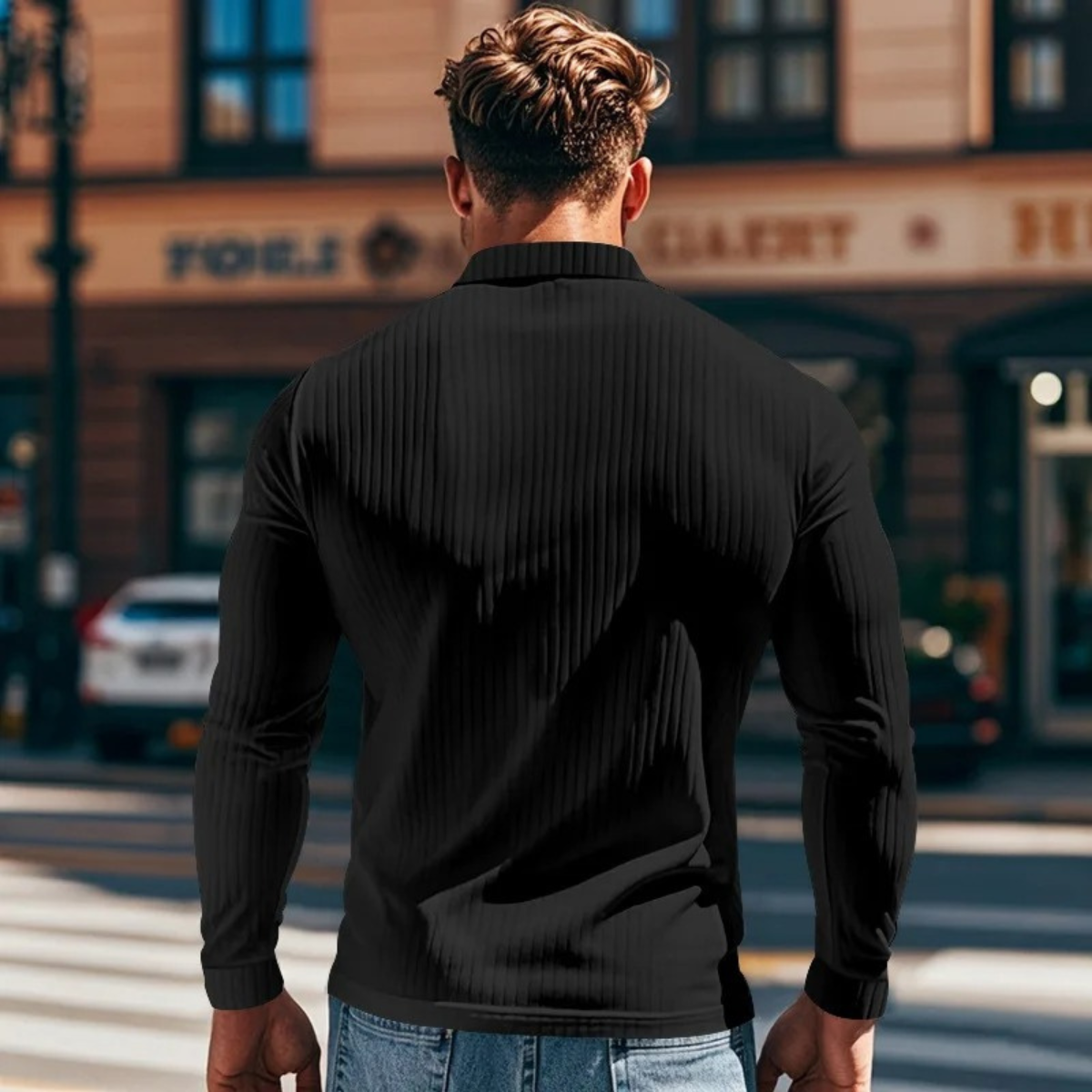 Soren | Men's Ribbed Polo Shirt Black Long Sleeve