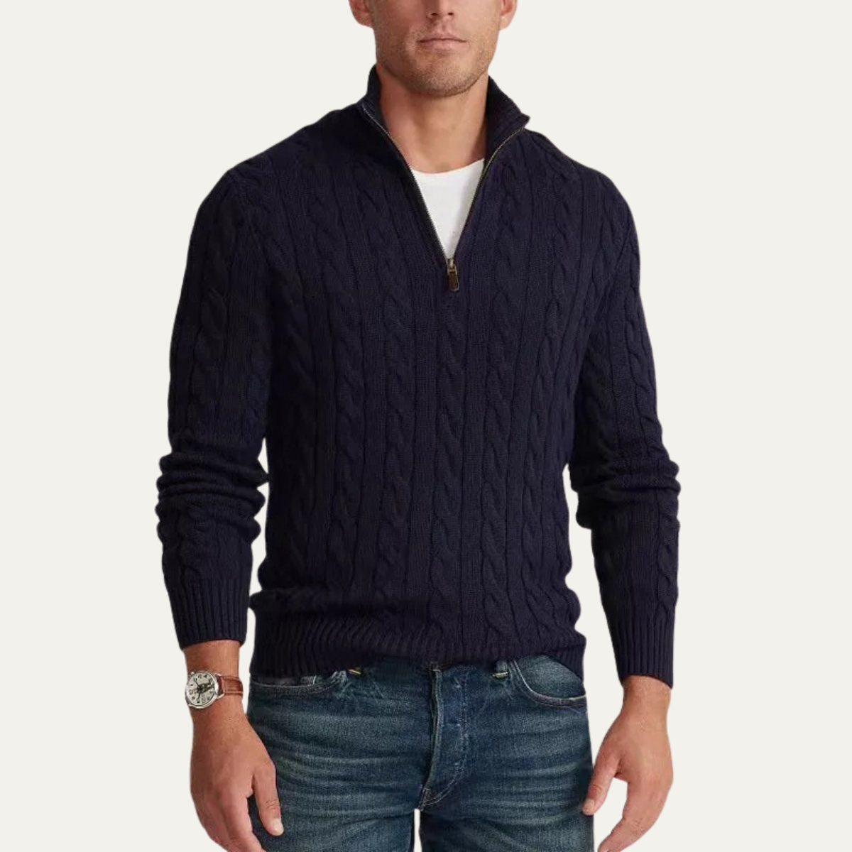 Rowan | Men's Cable Knit Quarter Zip Sweater Cream Mock Neck