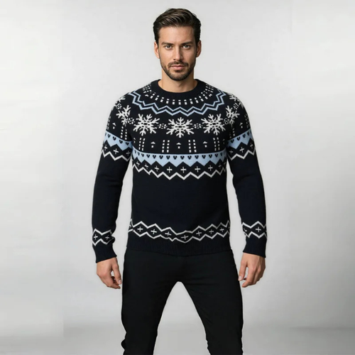 Dama Washington Ash men's crew neck snowflake sweater cream light blue black - view 2