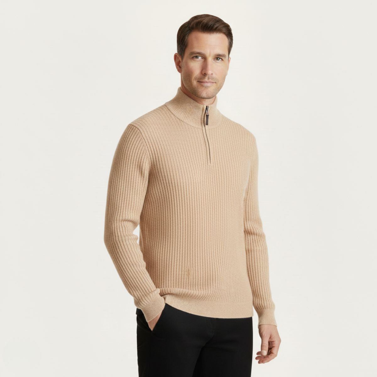 Axel | Men's Quarter Zip Sweater Cream Ribbed Knit