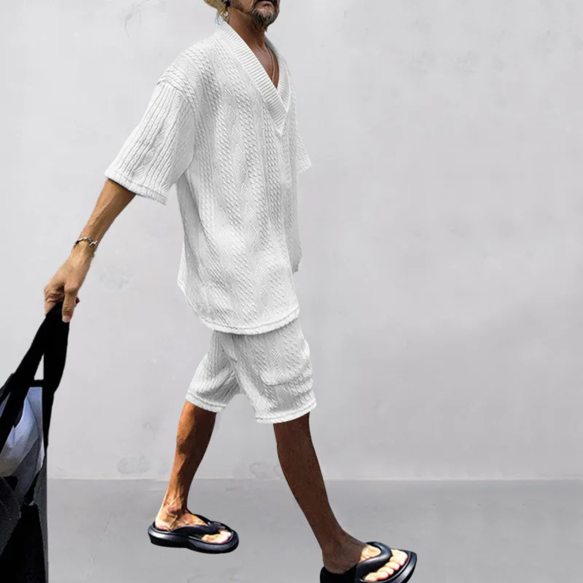 Callum | Men's Sweatsuit Cream Cable Knit V Neck Shorts Set