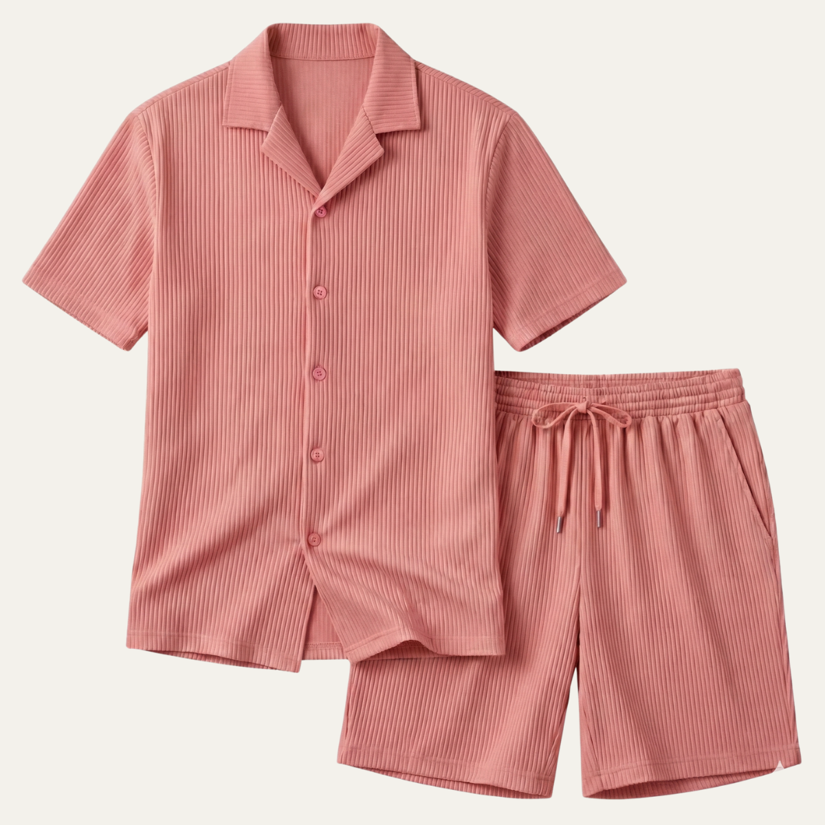Voss | Men's Lounge Set Black Ribbed Short Sleeve Shirt Shorts