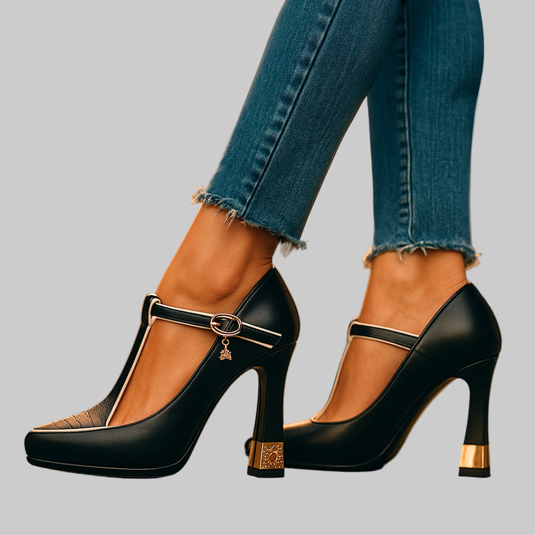 Opal | Women's T Strap Pump Black Studded Heel