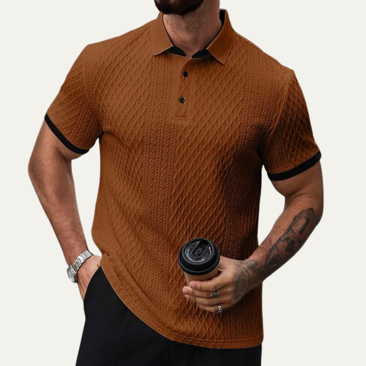 Beau | Men's Textured Polo Shirt Brown Contrast Trim