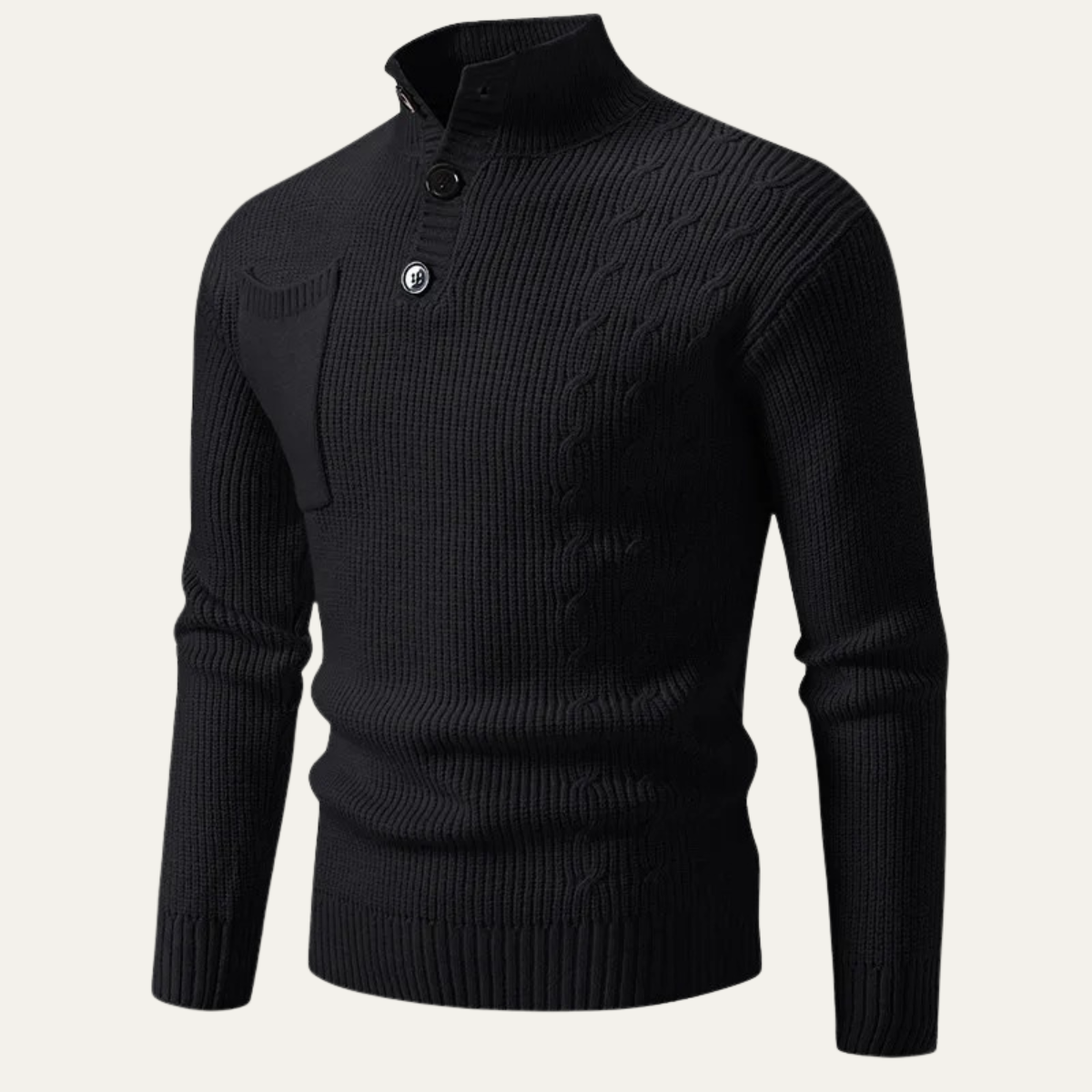 Axel | Men's Cable Knit Sweater Cream Mock Neck Button Detail
