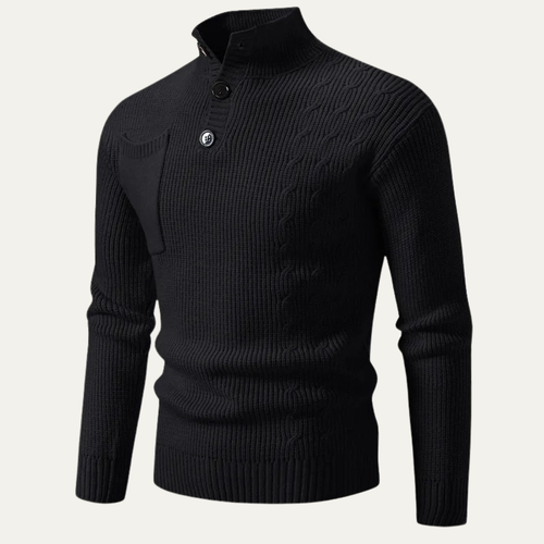 Dama Washington Axel men's cable knit sweater cream mock neck button detail - view 2