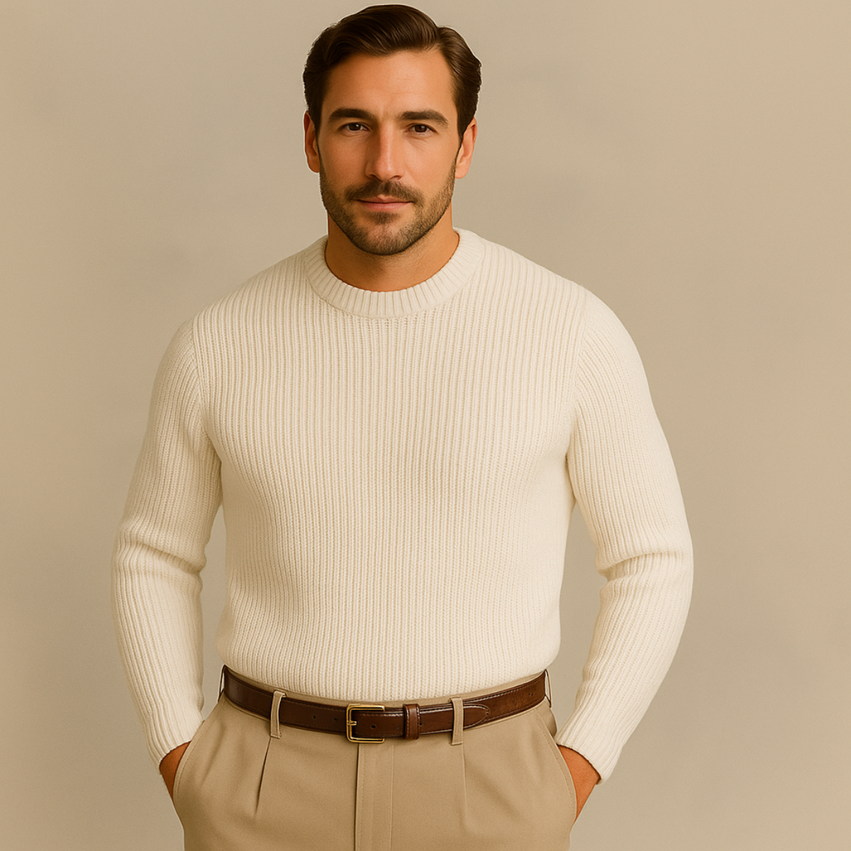 Ives | Men's Ribbed Crew Neck Sweater Brown Merino Wool