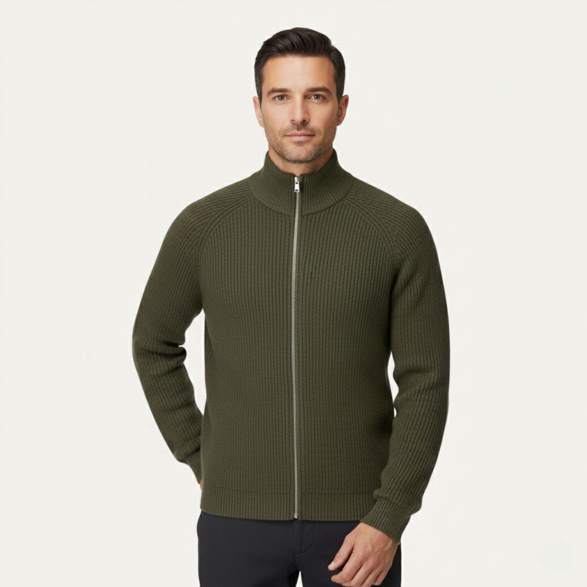 Bram | Men's Cardigan Sage Green Zip Up Ribbed Knit