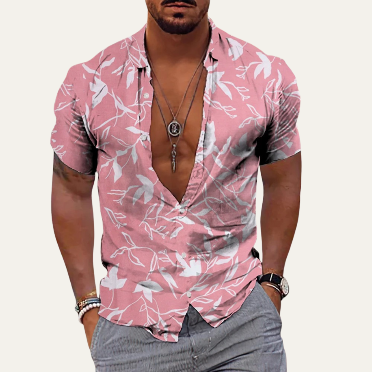 Flint | Men's Boho Floral Button Up Shirt Pink Cream