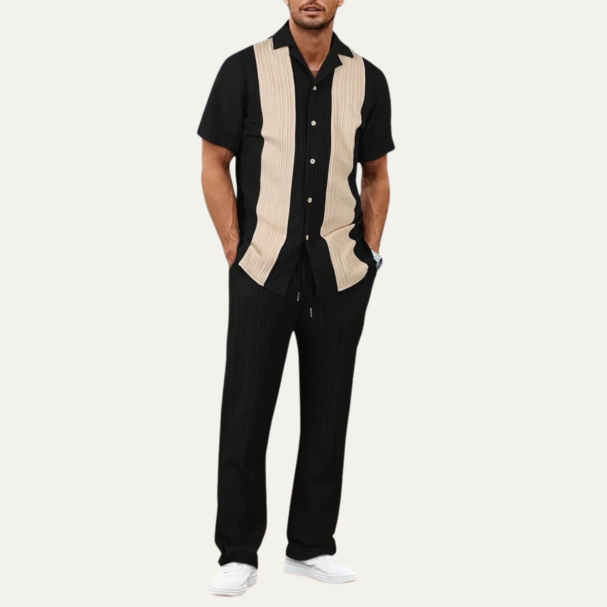 Callum | Men's Casual Striped Shirt Pants Set Beige Cream