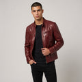 Dama Washington Beau men's leather jacket burgundy zip up - model front view