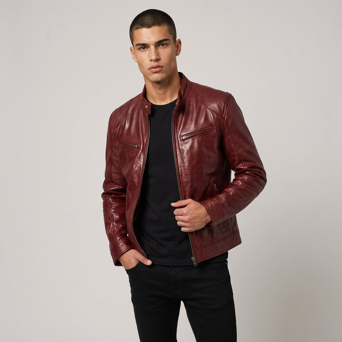 Dama Washington Beau men's leather jacket burgundy zip up - model front view