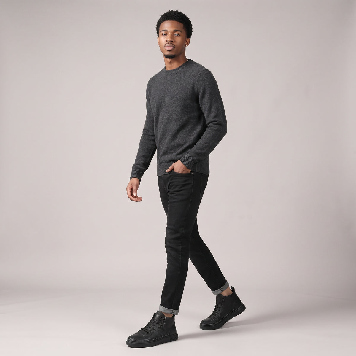 Dama Washington Axel men's black leather high top sneaker side zip - full outfit model view