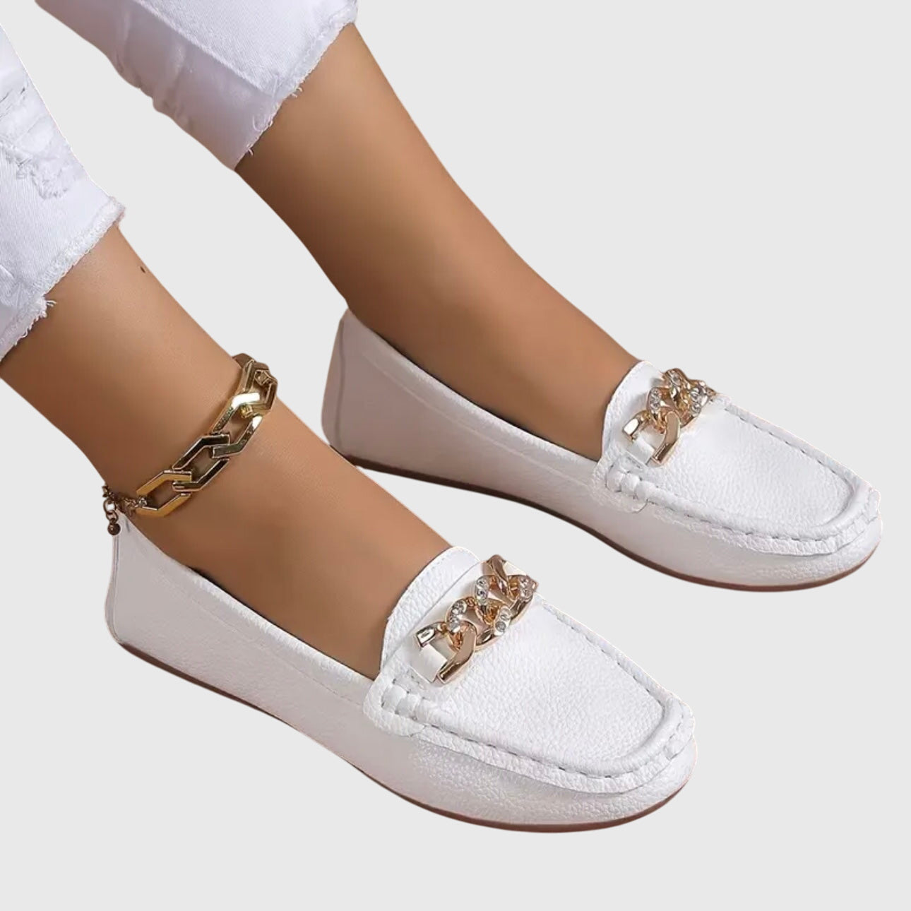 Mia | Women's Chain Link Loafer Cream Gold Accents