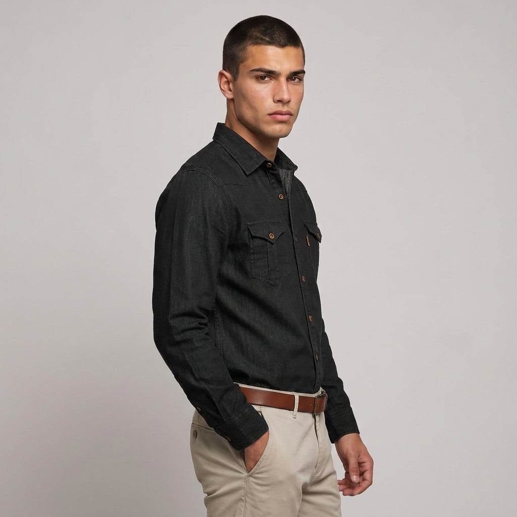 Dama Washington Bram denim button up shirt Black - model front view