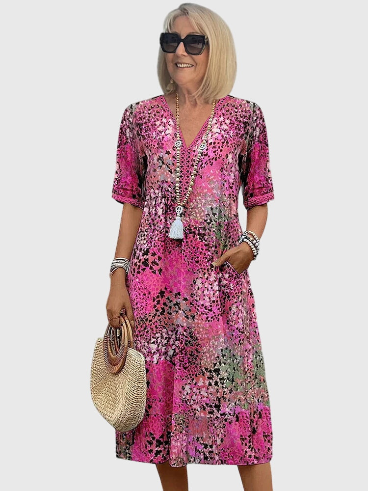 Wren | Women's Floral Midi Dress V Neck Three Quarter Sleeve