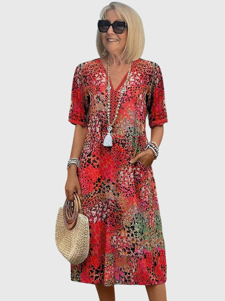 Wren | Women's Floral Midi Dress V Neck Three Quarter Sleeve