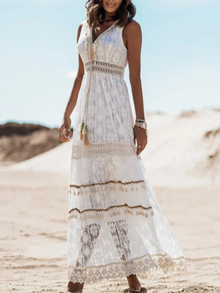 Nola | Women's Boho Crochet Lace Maxi Dress Cream V Neck