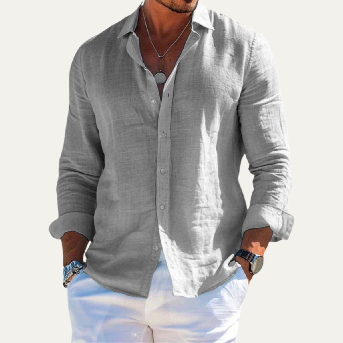 Axel | Men's Linen Shirt Light Blue Long Sleeve Casual Button Up