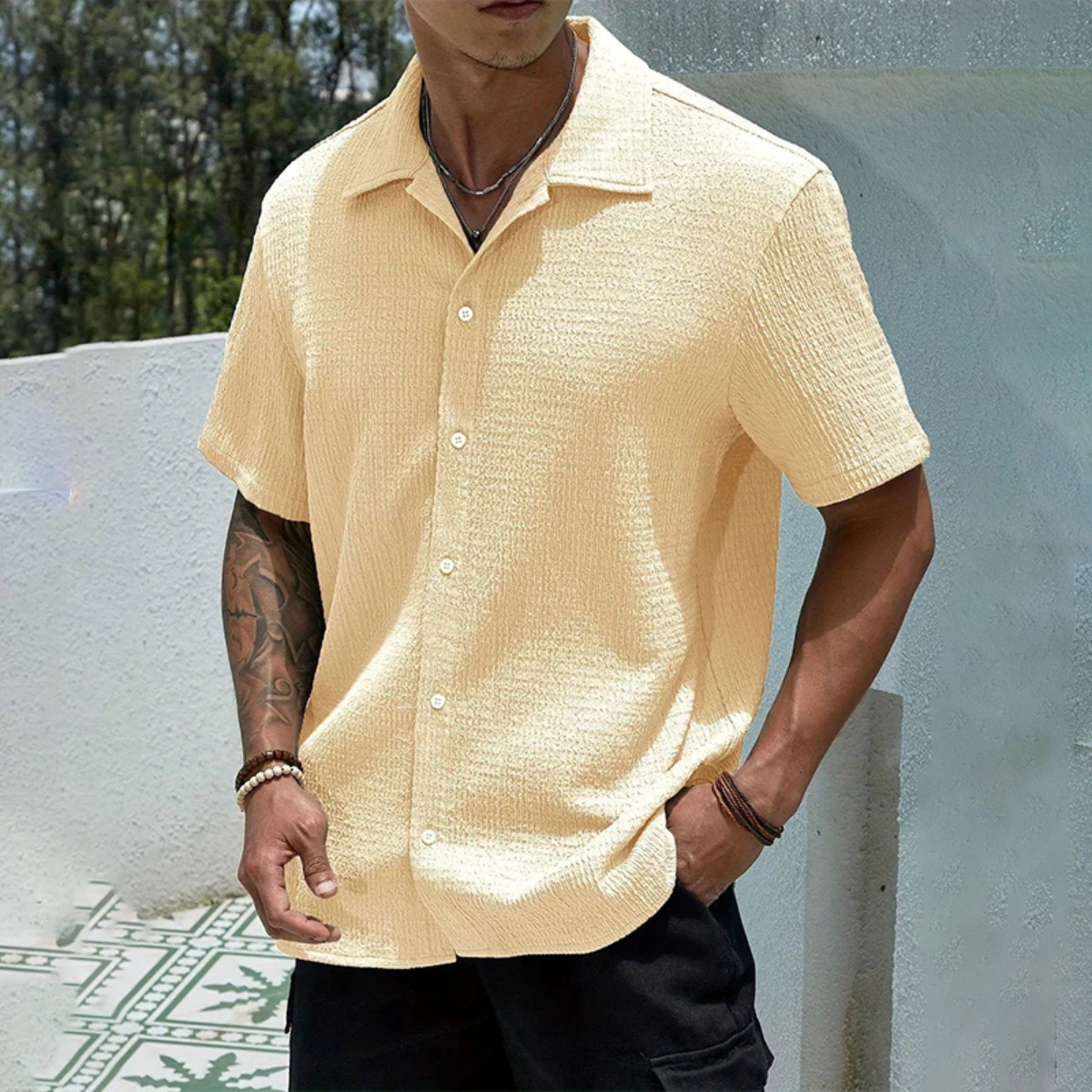 Axel | Men's Cream Button Up Shirt Short Sleeve Textured Casual