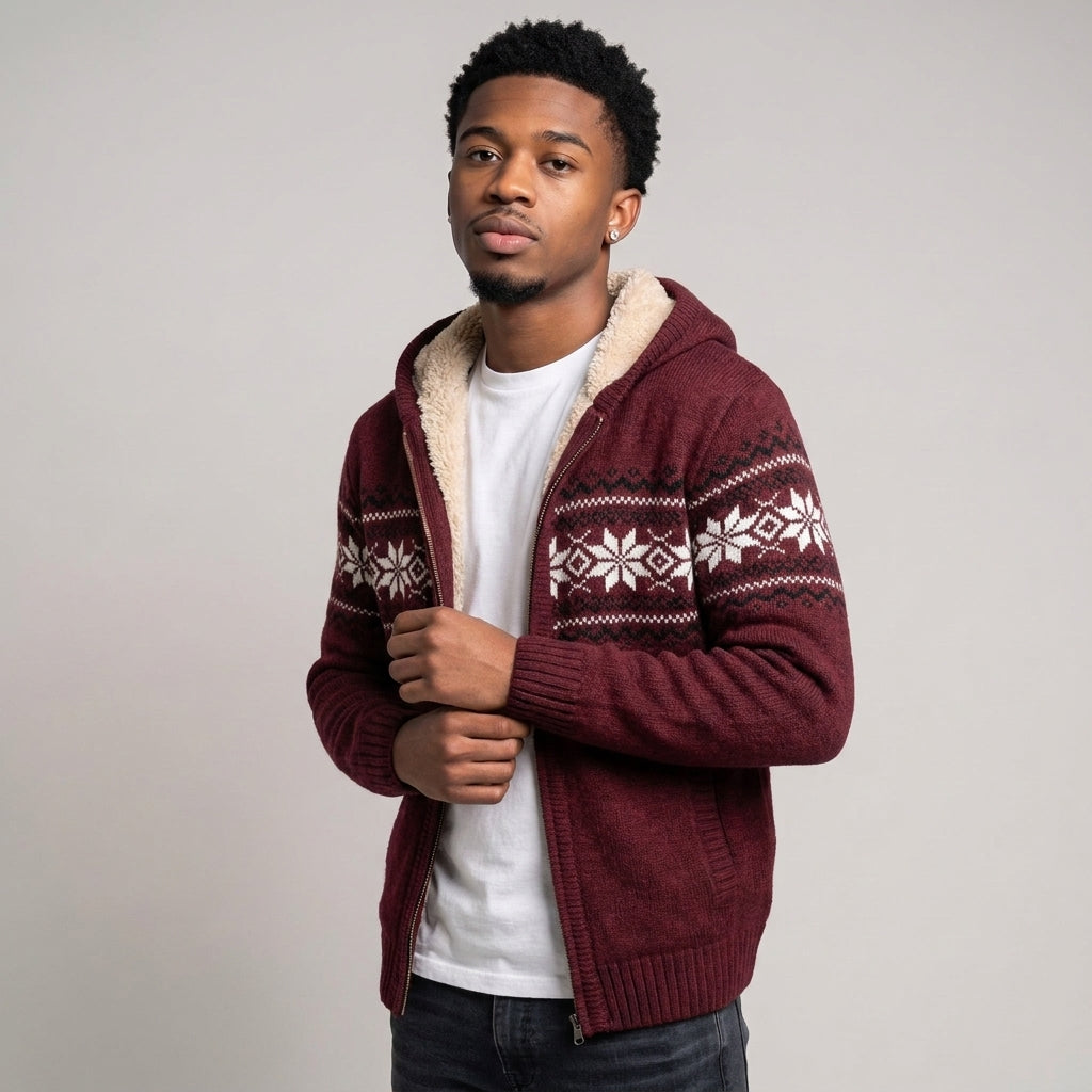 Dama Washington Blake sherpa lined Nordic pattern zip up cardigan Burgundy - model front view