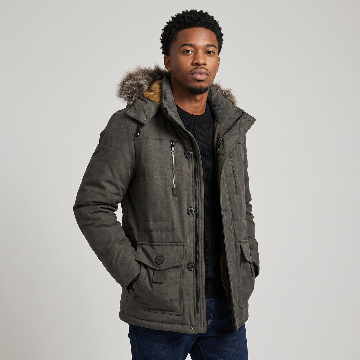 Dama Washington Bram men's puffer jacket charcoal fur hooded winter coat - model front view