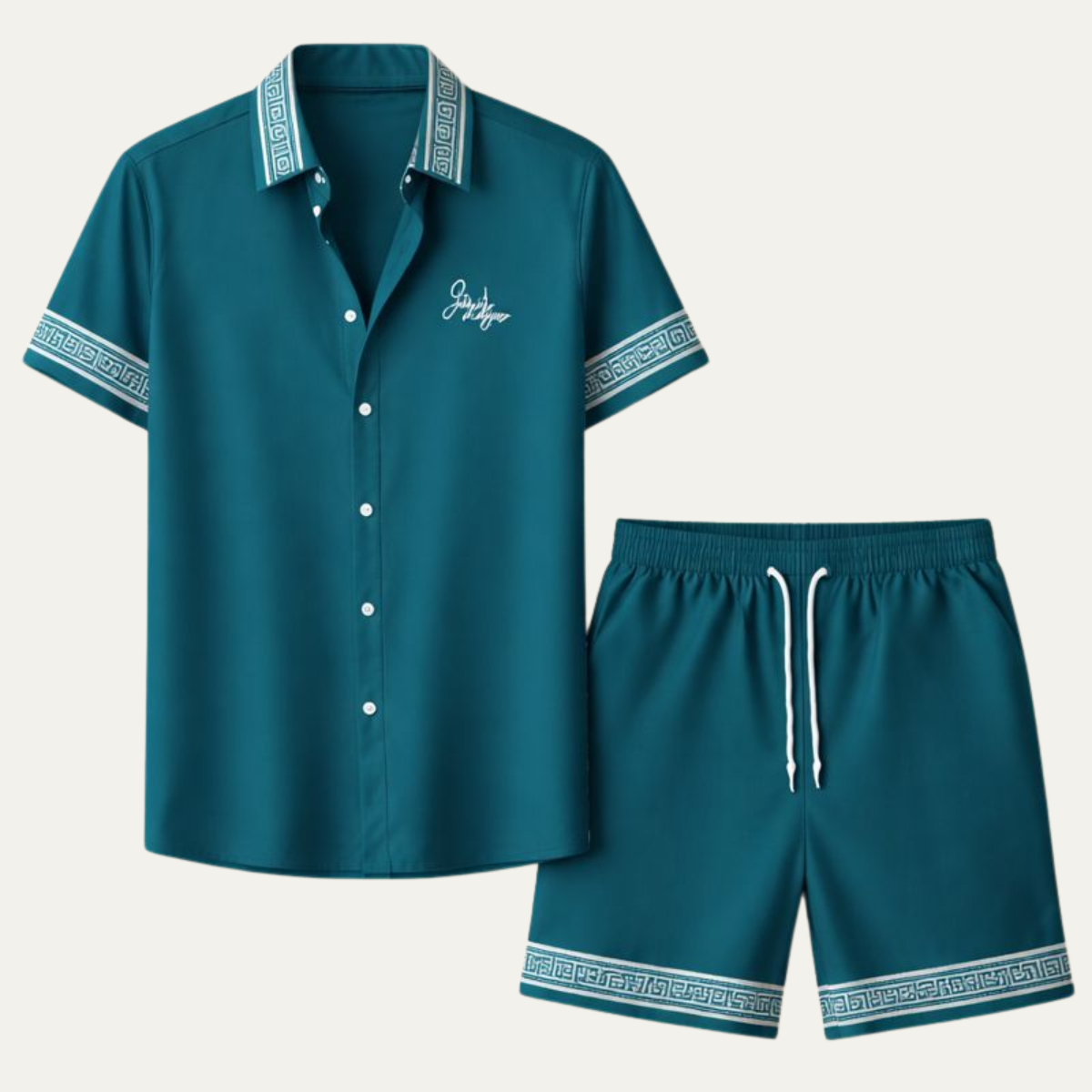 Axel | Men's Matching Set Teal Greek Key Short Sleeve Shirt Shorts