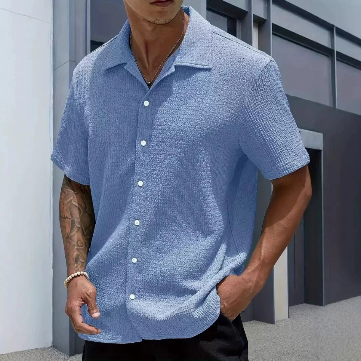 Axel | Men's Cream Button Up Shirt Short Sleeve Textured Casual