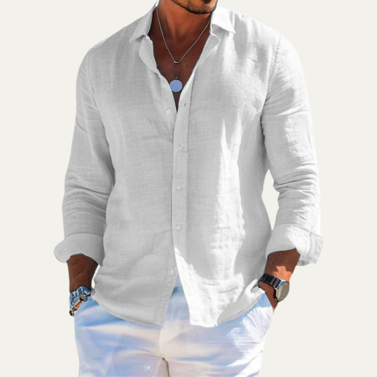 Axel | Men's Linen Shirt Light Blue Long Sleeve Casual Button Up
