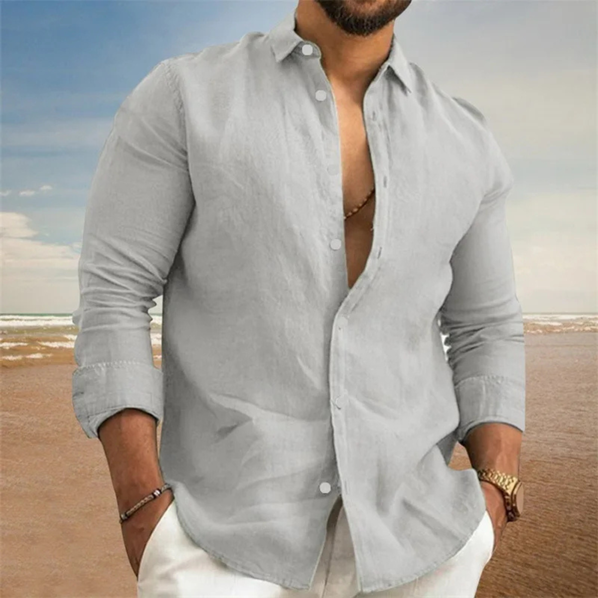 Beau | Men's Linen Button Up Shirt Navy Long Sleeve