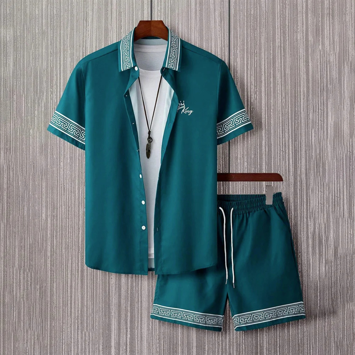 Axel | Men's Matching Set Teal Greek Key Short Sleeve Shirt Shorts