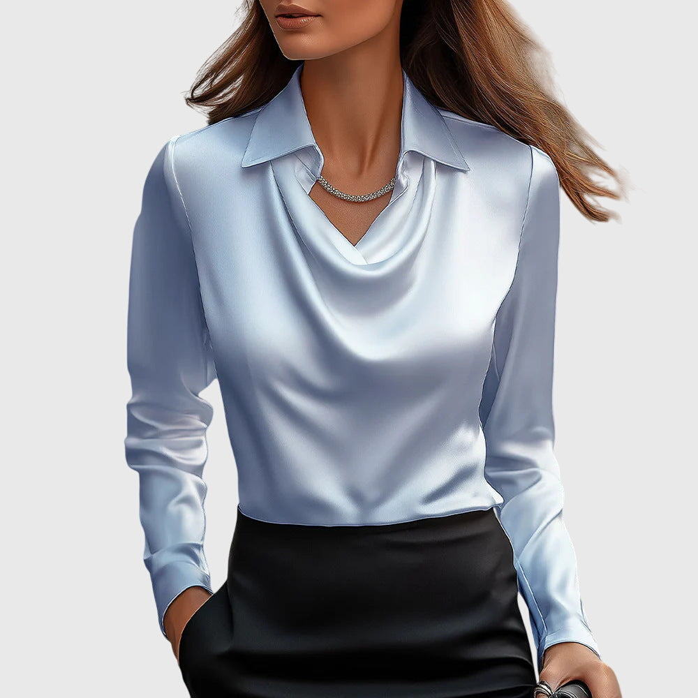 Cora | Women's Satin Blouse Cream Cowl Neck Long Sleeve