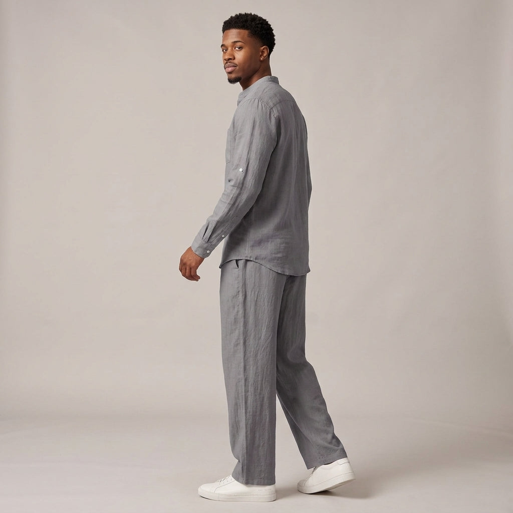 Dama Washington Sage linen lounge set Grey - full outfit model view