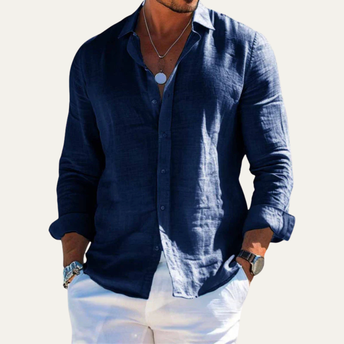 Callum | Men's Linen Shirt Navy Long Sleeve Button Up