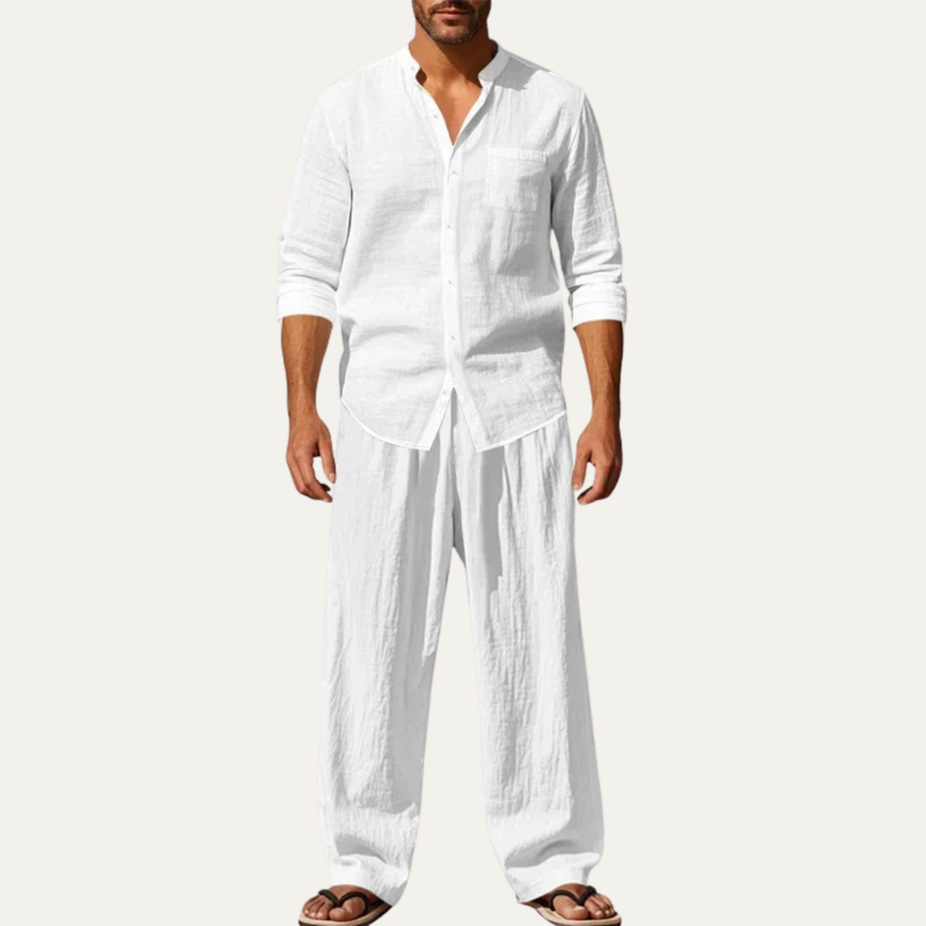 Dama Washington Sage men's linen lounge set cream button up shirt wide leg pants - view 2