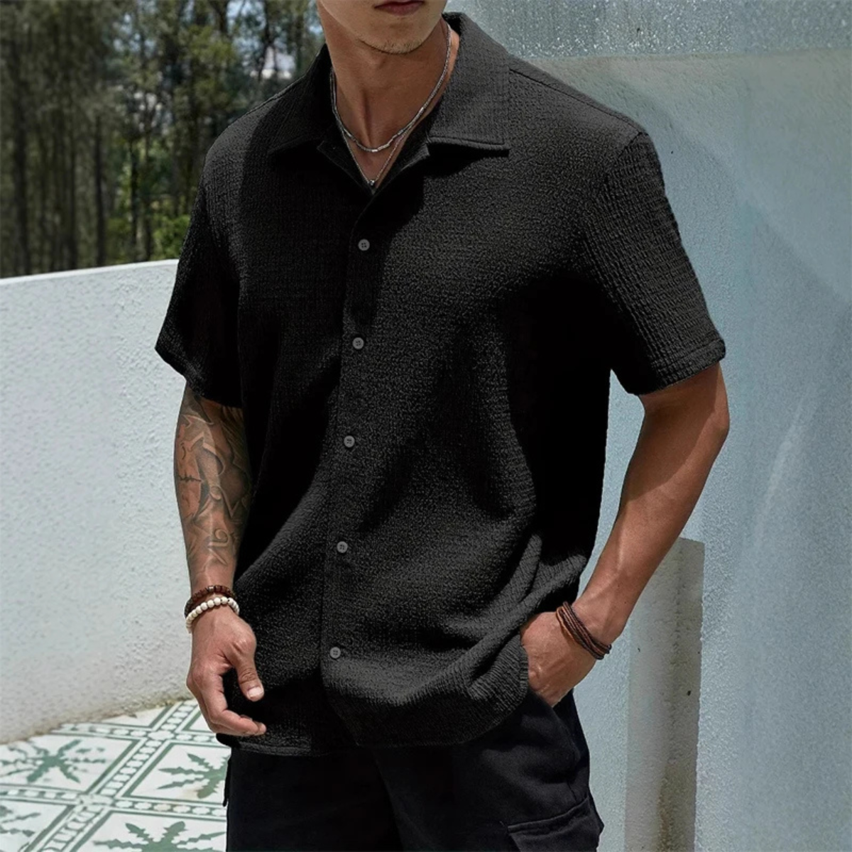 Axel | Men's Cream Button Up Shirt Short Sleeve Textured Casual