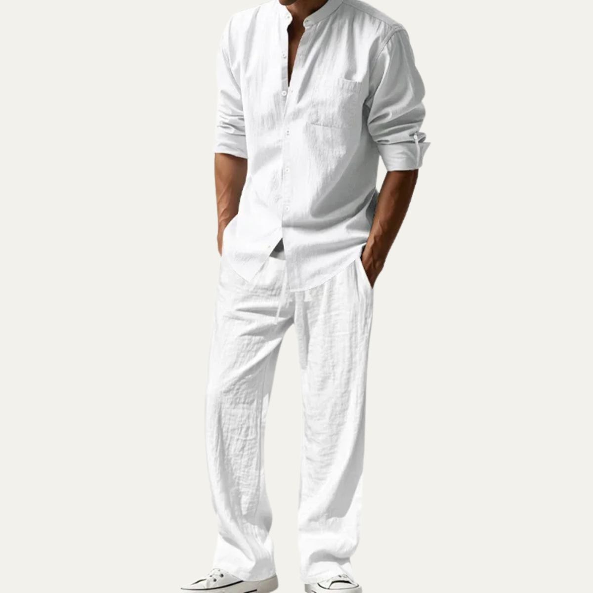 Sage | Men's Linen Lounge Set Cream Button Up Shirt Wide Leg Pants