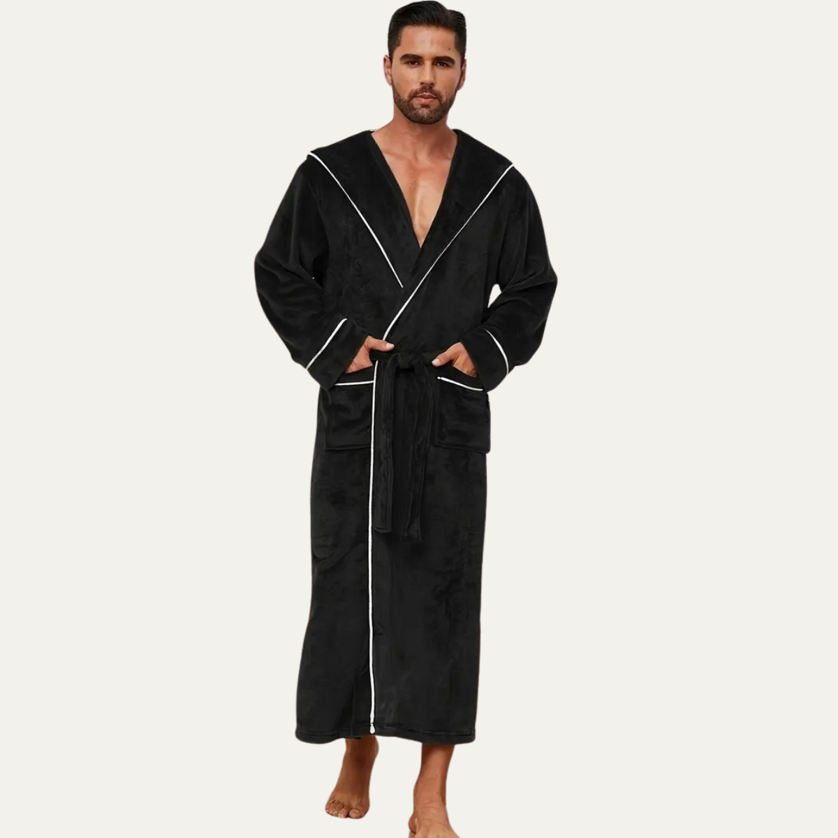 Jude | Men's Hooded Fleece Robe Black Long Bathrobe