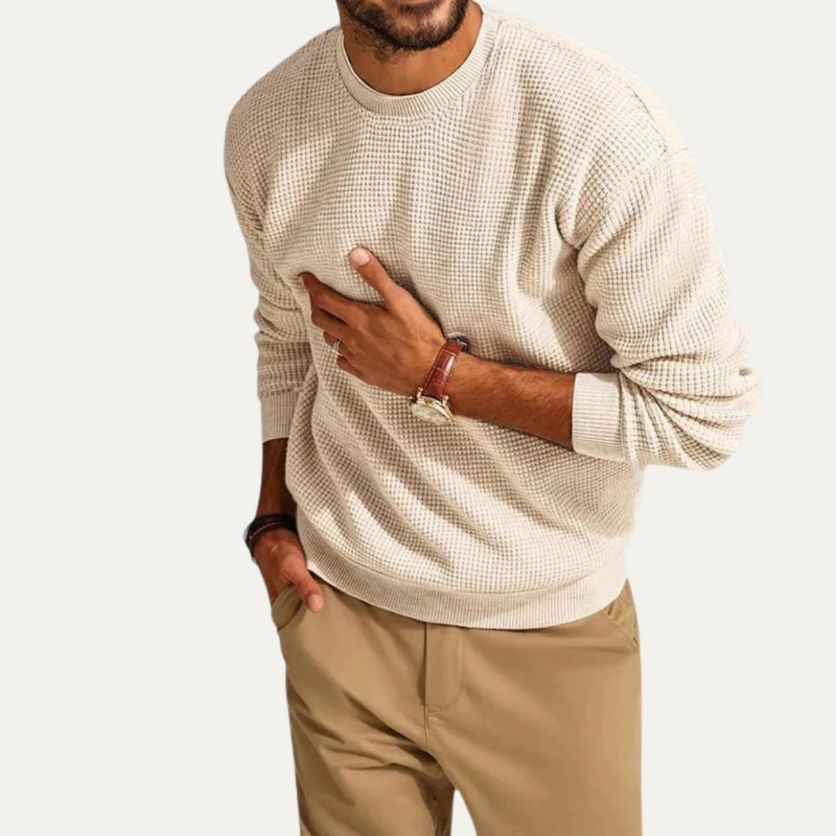 Bram | Men's Crew Neck Sweater Cream Textured Knit